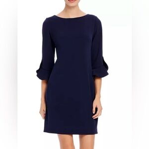 Karl Lagerfeld Navy Blue Scuba Crepe Sheath Dress Ruffle Sleeves Size 16